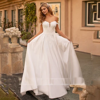 Kapalı Omuz Sevgiliye Saten Gelinlik Prenses Dantel Aplikler Bir Çizgi Backless gelin kıyafeti Vestidos De Novia