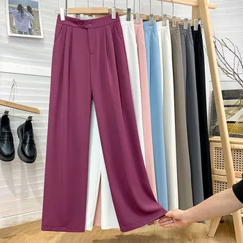 Katı Geniş Bacak Pantolon Kadın Takım Elbise Bayanlar Ofis Şifon Asimetrik Yaz 2022 Elastik Yüksek Bel Rahat Alt Pantolon