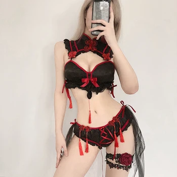 Kawaii Cadılar Bayramı Iç Çamaşırı Şeytan Cosplay Anime Kostümleri Bayanlar Bölünmüş Cheongsam Japon Seksi Işlemeli Püskül Üniforma Seti