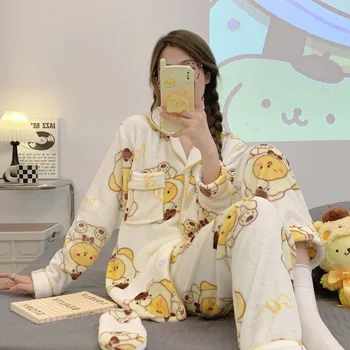Kawaii Sanrios Anime Pom Pom Purin Karikatür Sevimli Mercan Polar Pijama Kadın Sonbahar Kış Yeni Uzun kollu Gecelik Seti Hediye