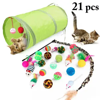 Kedi Oyuncak 21 adet / takım Pet Kiti Katlanabilir Tünel Kedi oyuncak Eğlenceli Çan Tüy Fareler Şekil Pet Yavru Köpek Kedi Interaktif Oyun Malzemeleri