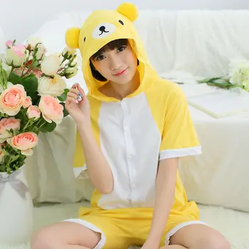 Kigurumi Onesie Unisex Yetişkin Kadın Sarı Ayı Pijama Kostüm Hayvan Cosplay Yaz Kısa Kollu Karikatür Hoodie Pijama