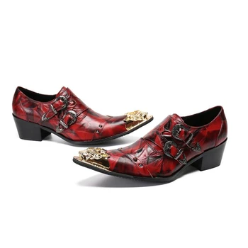 Klasik Euro Yüksek Topuklu Erkek Oxford Kırmızı Düğün Ayakkabı Hakiki Deri Altın Sivri Burun Baskılı Toka Ayakkabı