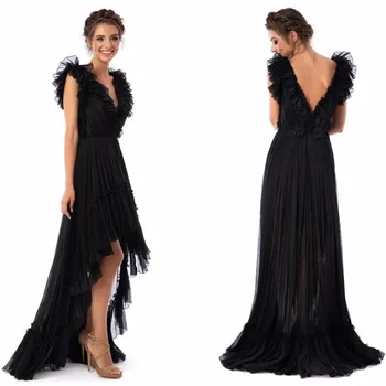 Klasik Hi-Lo Çift V Yaka Tül Abiye Asimetrik Siyah Abendkleider Elbiseler de Soirée Kadınlar için