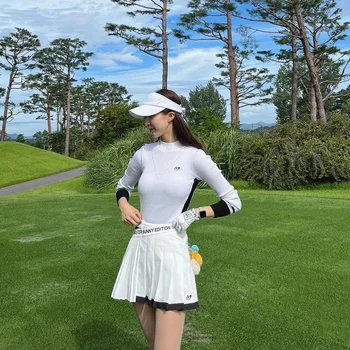 Kore golf sonbahar uzun kollu kadın spor bankası kat streç kat tişört külot ile pileli etek 