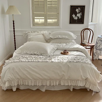 Kore tarzı Beyaz İpliği boyalı Yıkanmış pamuk yatak seti Dantel Düz levha / Yatak Etek Yorgan yatak örtüsü seti (1.5 / 1.8 m yatak Boyutu, 4 adet)
