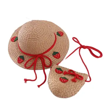 Kore Çilek Ananas çocuk güneş şapkası çanta seti Yaz Marka Dantel İlmek Plaj Hasır Şapka Erkek Kız İçin Geniş Kenarlı Kap