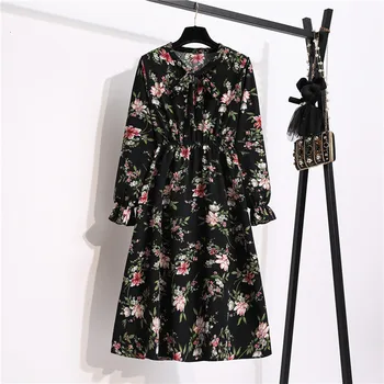 Kore Şifon Bahar yaz elbisesi Kadınlar Vintage Çiçekli Baskılı V Yaka Elastik Bel Moda Plaj Midi Sundress Vestidos