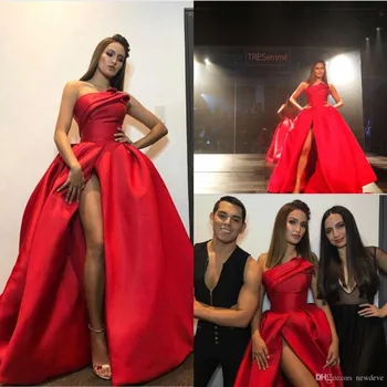 Kırmızı Artı Boyutu Abiye Seksi Straplez Elbiseler Abiye Giyim Yan Bölünmüş Uzun 2019 Balo Abiye Custom Made Parti Törenlerinde