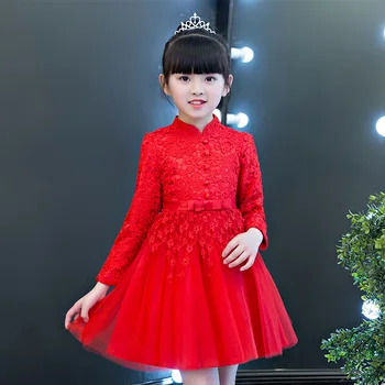 Kırmızı Dantel Çocuk Çince Geleneksel Elbiseler Kış Kız Cheongsam Prenses Elbise Çiçek Zarif Tatlı Parti Elbiseler Qipao