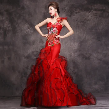 Kırmızı Kadın Çin Düğün Vestido Kadın Seksi Uzun Qi Pao fishtail modern Cheongsam Çince Geleneksel Elbise Kadın Qipao