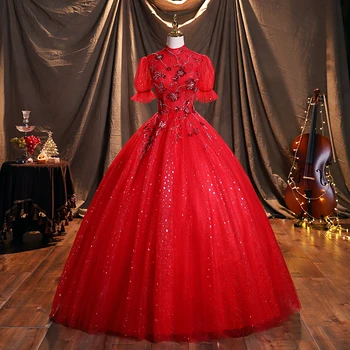 Kırmızı Quinceanera Elbiseler Yüksek Boyun Parti Elbise Lüks Dantel Balo Elbise Balo Bling Bling Sequins Vintage Vestidos