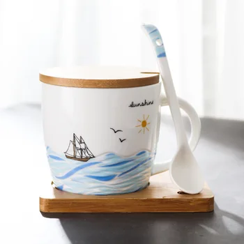 Kısa Yelkenli Desen Kupa Çay Yaratıcılık Kahve Fincanları Kapaklı Coaster Kaşık Trend Kahvaltı Süt Kupalar Arkadaş noel hediyesi