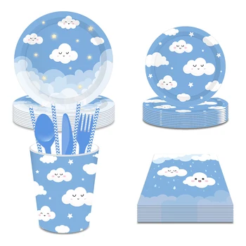 Kız Bebek Duş Parti Kawaii Gülümseme Bulut Mavi Gökyüzü Mutlu Doğum Günü Partisi Tek Kullanımlık Sofra Setleri Kağıt Tabaklar Süslemeleri