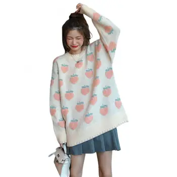 Kız Gevşek Tatlı Tembel Kazak Retro Japon O-Boyun Çilek Baskı Uzun Kollu Kazak Yeni Kawaii Vintage Pembe Örgü Üst