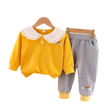 Kız Giysileri Bahar Sonbahar 2021 giyim setleri Bebek Yaka Uzun Kollu + Pantolon İki Parçalı Takım Elbise Tatlı Giyim Bebek Kızlar için