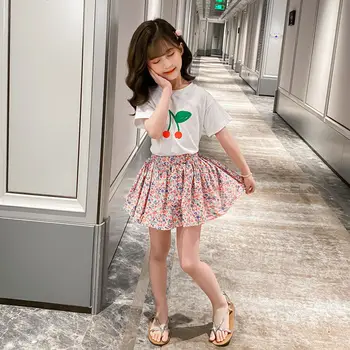 Kızlar Yaz setleri 2022 Yeni Seksi Kısa Elbise Gevşek Kısa Kollu İki Parçalı Takım Elbise Toddler Kız Giysileri 2 İla 12 Yaşındaki Mini Etek