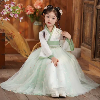 Kızların Antik Kostüm Süper Peri Yeşil Prenses Etek Hanfu çin elbisesi çocuk Ulusal Tarzı Geliştirilmiş Tang Takım Elbise Yaz