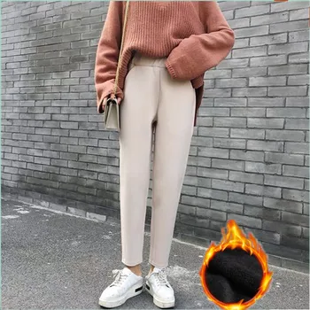 Kış Harlan Kırpılmış Pantolon kadın Yeni Elastik Bel Saf Renk Artı Kadife Kalınlaşma Moda Gevşek Basit Banliyö Kadın 210