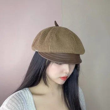 Kış Şapka Kadınlar İçin Kore Kısa Ağız Patchwork Sekizgen Şapka Kadın Sıcak Tutmak Bere Retro Moda Japon Sanat Newsboy Kap