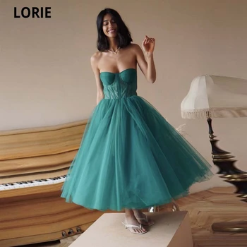 LORIE Moda Yeşil Straplez Kabarık Midi Elbise Abiye 2021 Vestidos De Noche Sevgiliye Tül Pleats Balo Parti Gonws