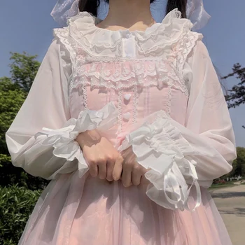 Lolita Giysileri Gençler İçin Taban Gömlek Dantel Yaka Bluz Peter Pan Yaka Bluz Uzun Kollu Kadın Kore Üstleri Siyah Beyaz Parti