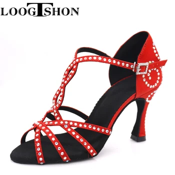 Loogtshon latin dans ayakkabıları kadın Latin Dans Ayakkabıları parlayan kırmızı saten Kadın Salsa partisi Balo Salonu ayakkabı