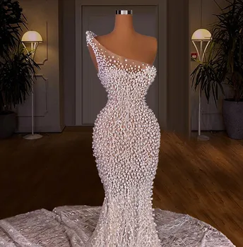 Lüks Afrika Mermaid Dantel düğün elbisesi 2023 Bir Omuz İnciler Boncuklu Uzun Gelin Törenlerinde El Yapımı Vestidos De Novia Mairee
