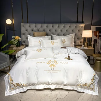 Lüks Beyaz Nakış Yıkanmış ipek yatak seti pamuk nevresim çarşaf Çarşaf Yastık Kılıfı Yatak Örtüsü Kral Kraliçe