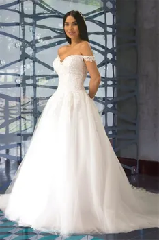 Lüks Kapalı Omuz İspanyol A-Line düğün elbisesi Romantik Dantel-up gelinlik Dökümlü Custom Made Elbiseler