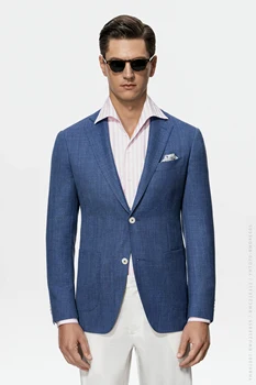 Lüks Malzeme Ismarlama Safir Blazer ölçmek için Yapılan Erkekler Ceket Takı Mavi High End İtalyan Kumaş İpek Keten Yün Karışımlı