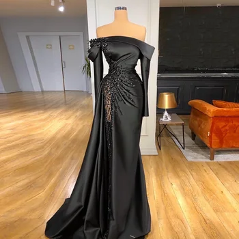 Lüks Uzun Kollu Siyah Saten Balo Elbise Sparkly Boncuk Örgün Düğün Akşam Parti Kıyafeti Ünlü Vestido De Fiesta 2022