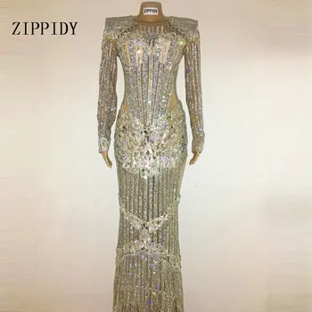 Lüks ışıltılı kristaller Kutlamak Elbise Akşam Parlak Rhinestones uzun elbise Kostüm Kadın Şarkıcı doğum günü elbiseleri