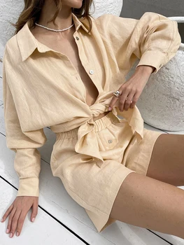 Lınad Gevşek kadın Kıyafeti 2 Parça Setleri Haki Uzun Kollu Pijama Kadın Ev Takım Elbise Şort 2023 Bahar Rahat Pijama