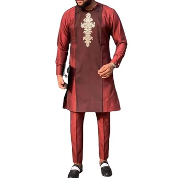 M-4XL Afrika Giysi Erkekler Bahar Afrika Erkekler Uzun Kollu O-Boyun Kırmızı Artı Boyutu İki Adet Setleri Üst ve Uzun Pantolon Afrika Takım Elbise