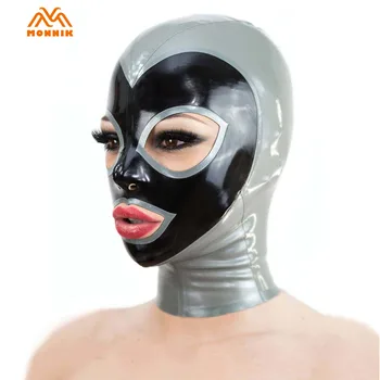 MONNİK Lateks Maske Açık Gözler ve Ağız Gri ve siyah Renk Hood ile Arka Fermuar El Yapımı için Lateks Catsuit Cosplay Clubwear Parti