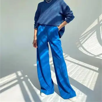 Mavi Ofis kadın pantolonları 2021 Moda Gevşek Tam Boy Bayanlar Pantolon Rahat Yüksek Bel Geniş Pantolon Kadınlar İçin
