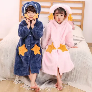 Moda Sevimli Tavşan Kapşonlu Elbiseler Çocuklar Kızlar için Pazen Sıcak Sabahlık Çocuk Ananas Kalınlaşmak Bornoz Yıldız Pijama