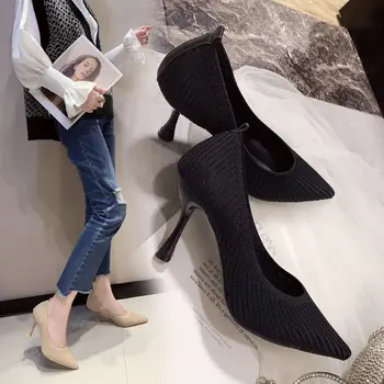 Moda Siyah Yüksek Topuklu 2022 Yeni Sığ Ağız kadın ayakkabısı Profesyonel iş ayakkabısı Sivri Burun Stiletto Örme tek ayakkabı