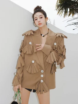 Moda Sonbahar Haki Blazers Çentikli Yaka Uzun Kollu Tek Göğüslü Ceketler Bayanlar Çiçek Püskül Takım Elbise Mont Giyim