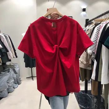 Moda Tasarım Hollow Out Katı Kadın T-shirt Yaz Yeni 2021 O-boyun Backless Gevşek Zarif Kadın Çeker Tees Tops