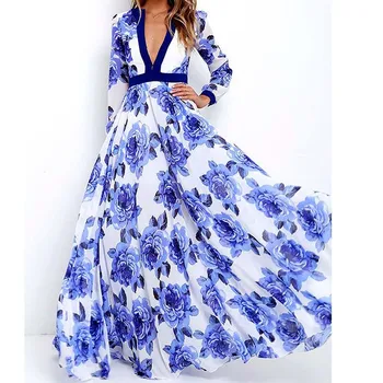 Moda Yüksek Bel Yaz Mavi Baskı Çiçek Kadın Elbise Bohemian V Boyun Uzun Kolsuz Elbiseler Kat Uzunluk Plaj Elbise