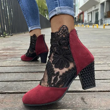 Moda Yüksek topuklu Büyük Boy Dantel Nefes Yuvarlak ayak Geri Fermuar Ayakkabı Mary Jane Ayakkabı Seksi Takozlar Ayakkabı kadınlar için