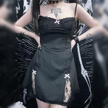 Moda kadın elbisesi Kontrast Renk Dantel Trim Kolsuz Spagetti Kayışı İlmek İle Siyah Streetwear İlmek kadın Elbise