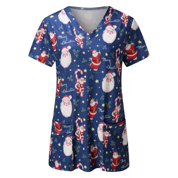 Moda kollu Üstleri Baskı Gömlek Çalışma v Yaka bluz Kadınlar Merry Christmas Kısa kadın bluz
