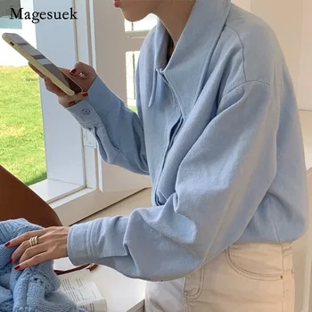 Moda Çok Yönlü Rahat Süt Mavi Bluz Kadınlar Katı Uzun Kollu Shiirt Polo Yaka Üstleri Ofis Bayan Bluzlar Blusas Mujer 22964