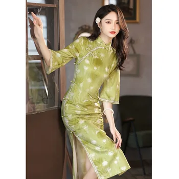 Modifiye Sonbahar Cumhuriyet Tarzı Retro Mizaç Kadife Genç Kız Modelleri Ters Büyük kollu Cheongsam Elbise