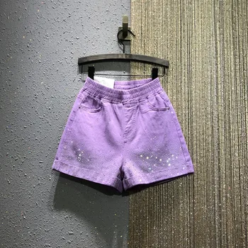 Mor Kot Şort Kadın 2022 Yaz Yeni Elastik Bel Gevşek Yüksek Bel Şeker Renk Sıcak Sondaj Kot Şort Kadın Sıcak pantolon