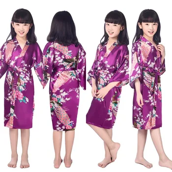 Mor Çocuklar Çiçek Düğün Leke Elbiseler Kızlar İçin Çiçek İpek Gecelik çocuk Bornoz Nedime Parti Kimono Abiye giyim