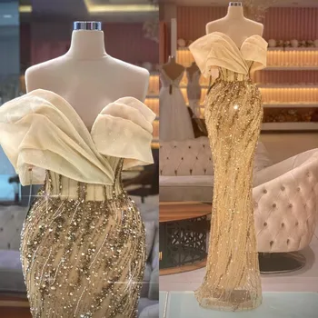 Muhteşem Altın balo kıyafetleri Kapalı Omuz Mermaid Tül Uzun Abiye Kadınlar Örgün Parti Elbiseler De Soirée